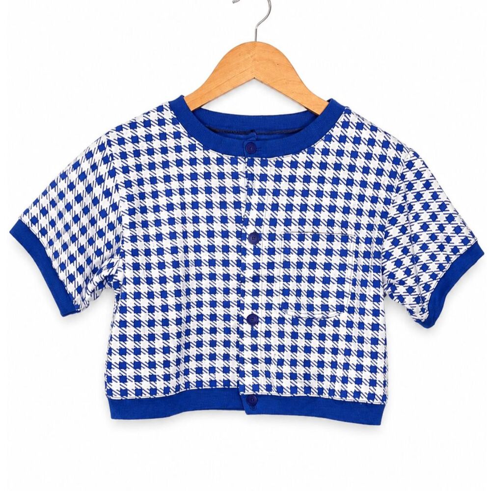 Vintage 80s/90s Gitano Girls L 10 Blue White Houndstooth Cropped Cardigan NWT